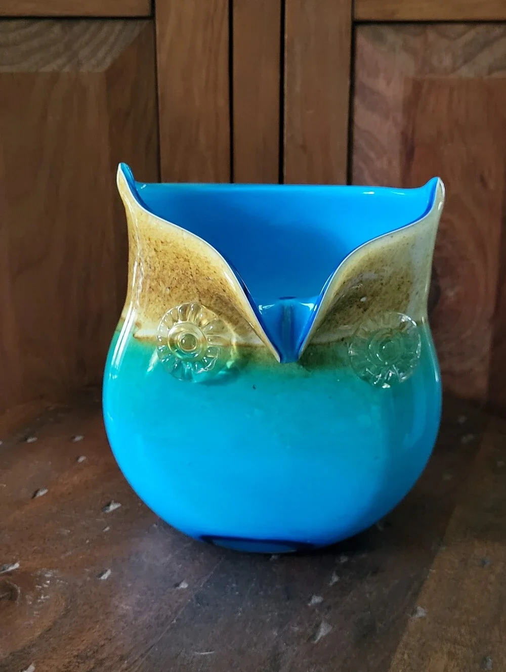 Blue and Green Glass Owl Vase